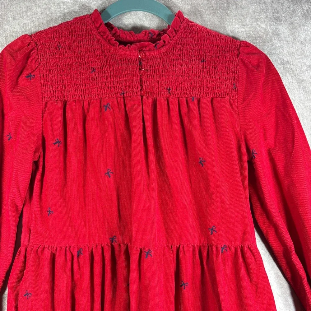 Vineyard Vines Dress Girl M 12-14 Red Corduroy Bow Smocked Tiered Preppy Holiday